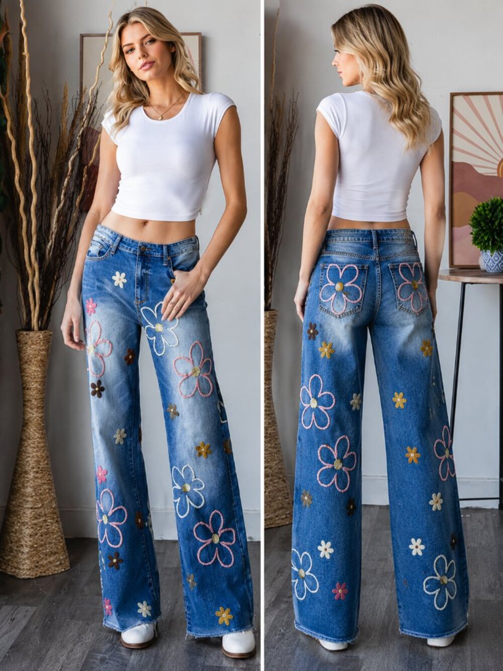🌸 OLI & HALI Multicolor Flower Embroidered Washed Denim Jeans Sz L 🌸✨